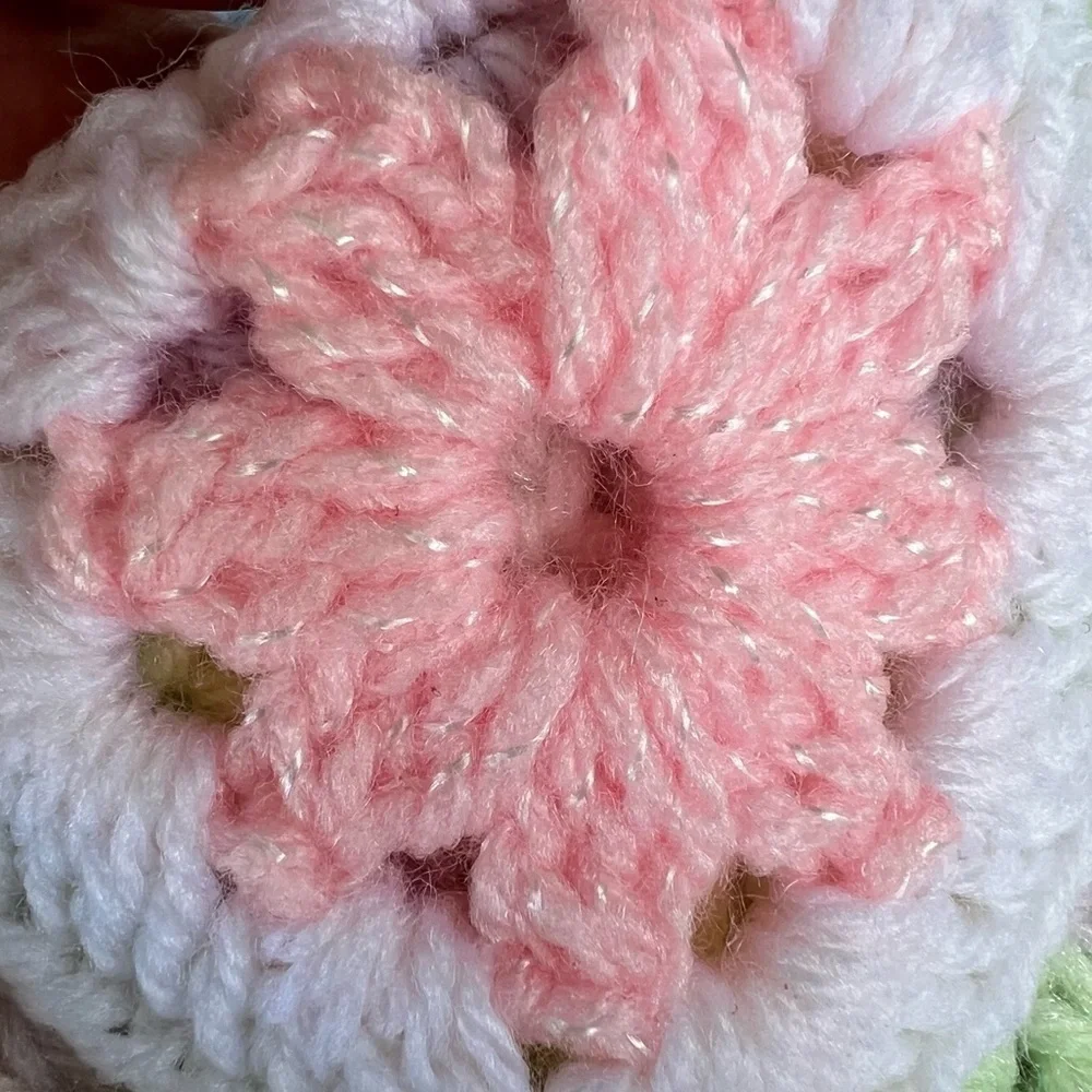 Hand Crocheted 3D Flower Baby Afghan Blanket Pastel Squares Scallop Edge 43x36